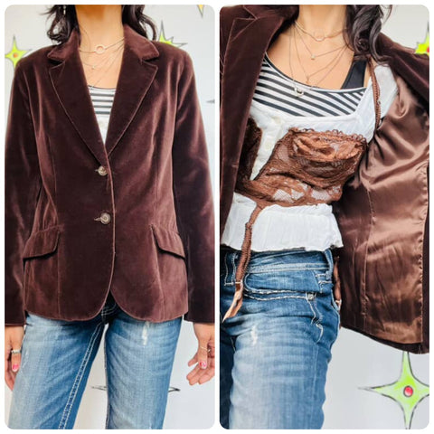 Vintage 70s Earthtone Chocolate Brown Velvet Blazer Jacket | Retro | Size 8