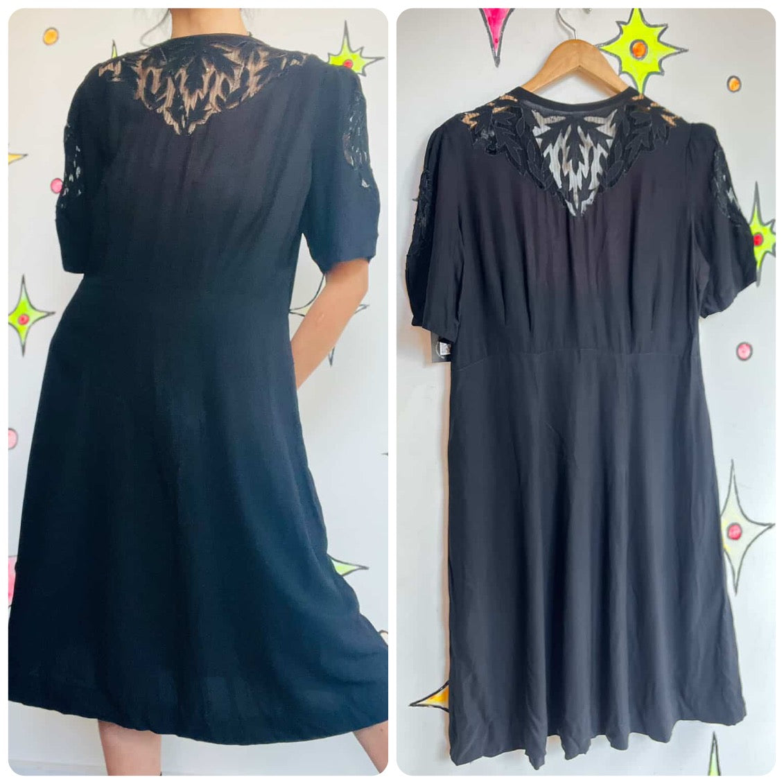 Vintage 1940s Handmade Black Dress with Lace Details – Whimsy Goth Elegance M L