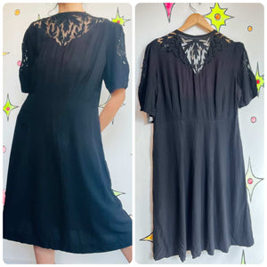 Vintage 1940s Handmade Black Dress with Lace Details – Whimsy Goth Elegance M L
