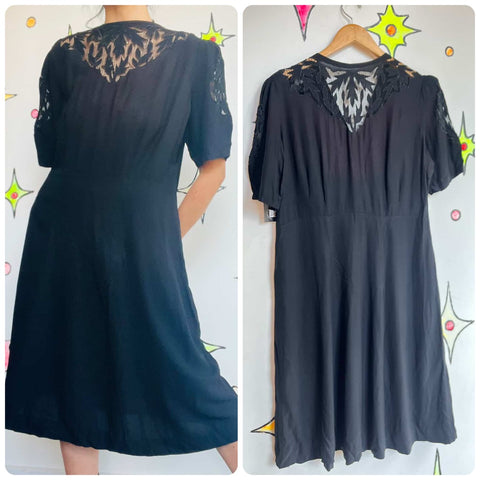 Vintage 1940s Handmade Black Dress with Lace Details – Whimsy Goth Elegance M L