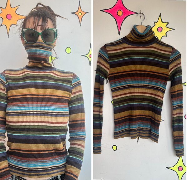 Retro Striped Turtleneck 60s 70s Mod Rainbow Groovy Clowncore Grunge Top M
