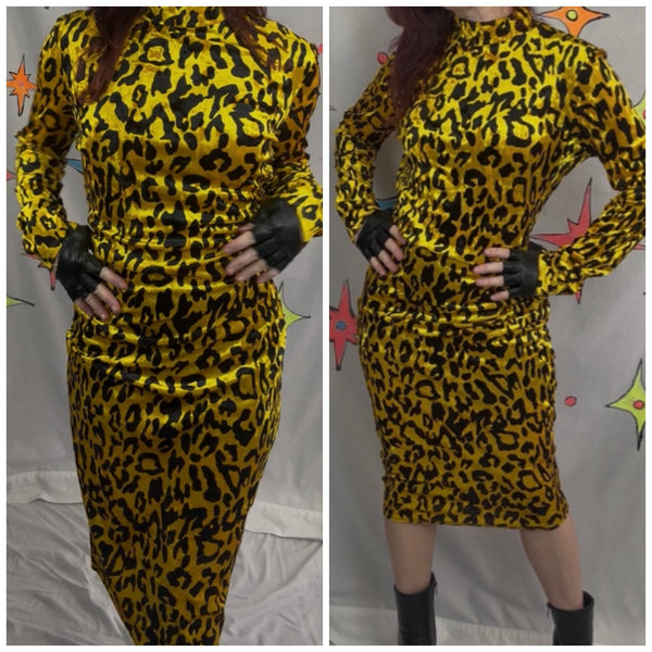 Vintage Y2K Yellow Crushed Velvet Leopard Dress Cyber Goth Vixen Glam Pin Up L