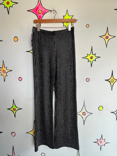 Vtg. Stretch Glam Metallic Black Silver Pinstripe Rave Disco Bellbottom Flares L