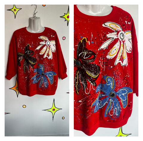 Vintage 80s | Red Puffy Paint Abstract Art Sweater | Large