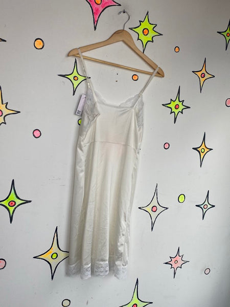 White Lace Trim Slip Dress Vintage Coquette Babydoll Lingerie - Small