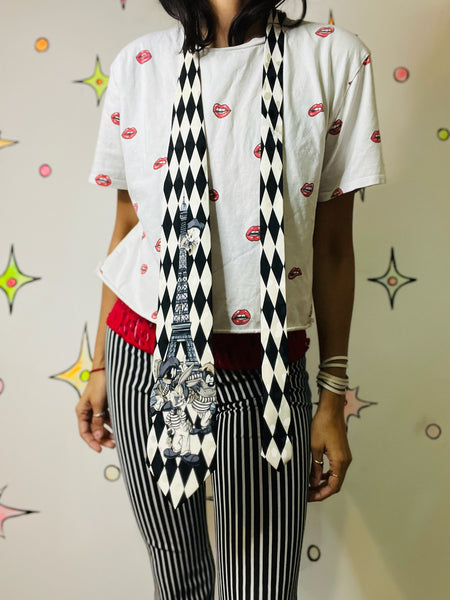 Vintage 90s Looney Tunes Paris Silk Tie – Black & White Harlequin Print Necktie