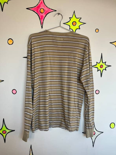 Vintage 90s Brown Striped Long Sleeve Cyber Grunge Shirt Cotton Streetwear Large