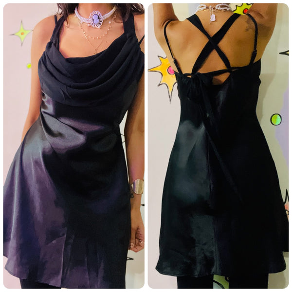 Vintage 90s Black Silky Slip Dress Lingerie Vamp Glam Goth Fairy Grunge M/L