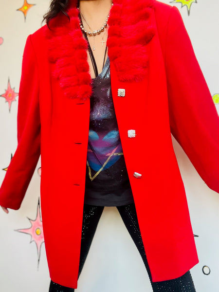 Vintage 80s Cherry Red Christmas Holiday Party Blazer – Glam Feather Trim XL+