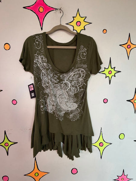 Y2K Fairy Goth Tattoo Graphic Tee Sage Green Asymmetrical Hem Grunge S/M