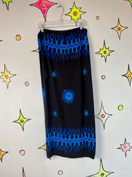 Vintage Y2K 90s Black Wrap Skirt Blue Flames Sun Moon Stars Boho Maxi Skirt