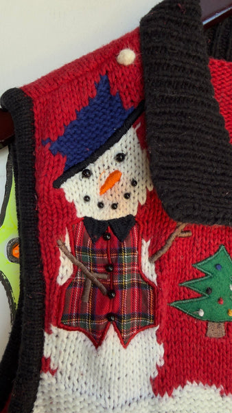 Vintage 80s 90s Retro Blue Snowman Zip Up Ugly Christmas Party Sweater Vest | S