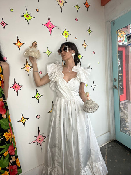 80s White Ruffle Poofy Cupcake Dress Vintage Prom Wedding Party Princess _ S