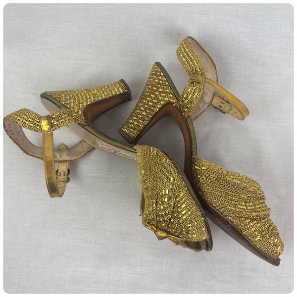1930s Art Deco Strappy Metallic Gold Lame Woven Peep Toe Heels US Size 7