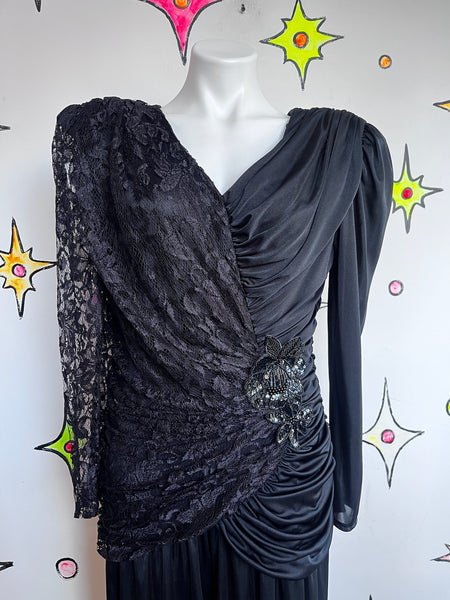 Vintage 80s Black Ruched Lace Jumpsuit | Goth Glam Formal Party Gown – L