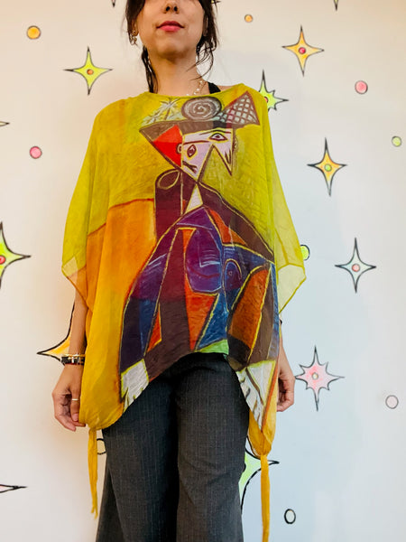 Wearable Art 100% Silk Picasso Cubism Sheer Blouse Gothic Avant-Garde - One Size