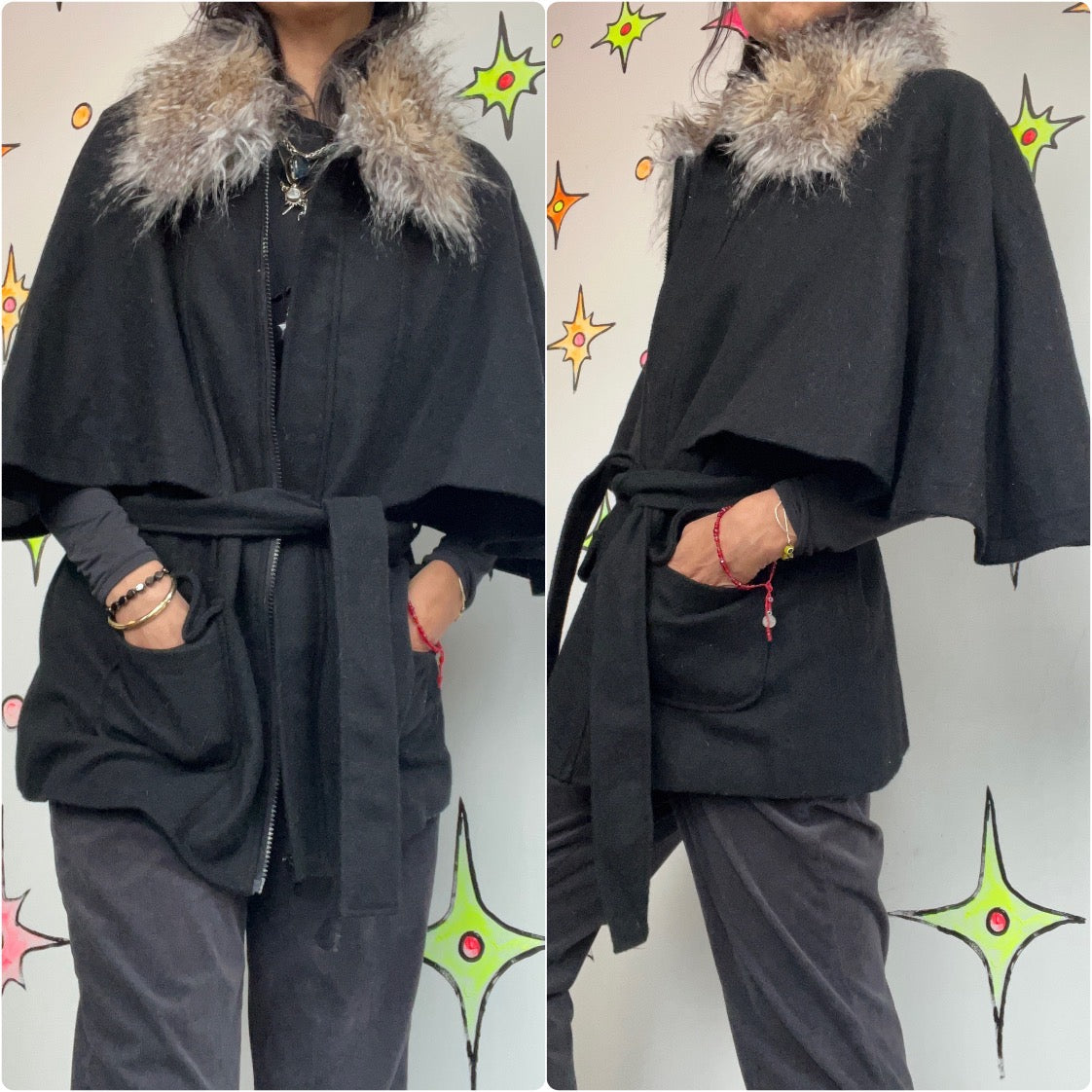Vintage | Donna Solyers Gray Belted Wool Cape Coat with Faux Fur Trim | Small