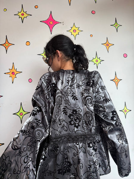 Velvet Burnout Kimono | Silver Black Floral Boho Goth Duster One Size