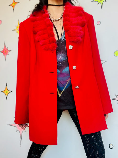 Vintage 80s Cherry Red Christmas Holiday Party Blazer – Glam Feather Trim XL+