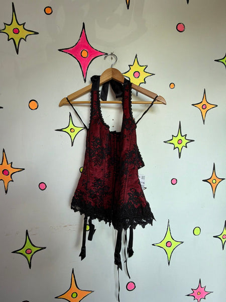 Red Black Gothic Romantic Vamp Corset Top Lace Victorian Goth Ren Faire M