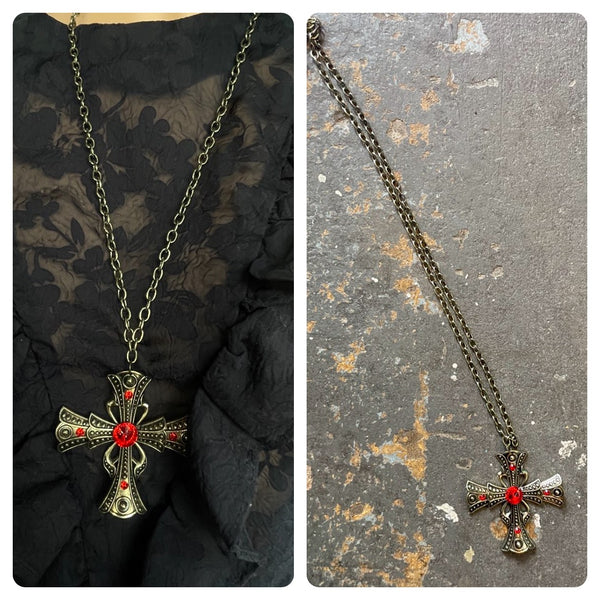 Romantic Gold and Red Goth Vampire Cross Necklace Witchy Gothic Jewelry
