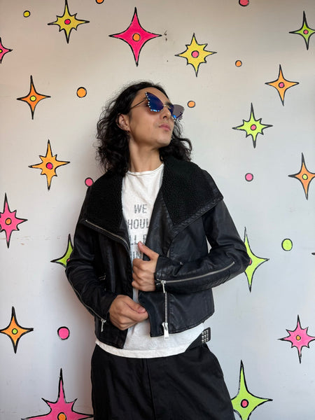 Y2K Vegan Leather Moto Jacket Black Goth Grunge Biker Glam Rocker Cropped M