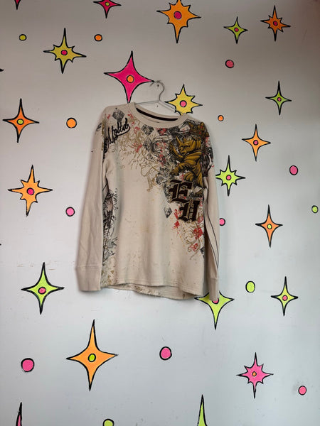 Y2K Grunge Tattoo Print Tee - Fairy Grunge Goth Distressed Vintage T Shirt - S