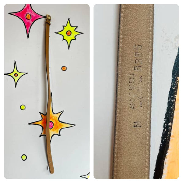 Vintage Anne Klein Tan Leather Belt – Gold Lion Buckle | 80s 90s Glam Statement