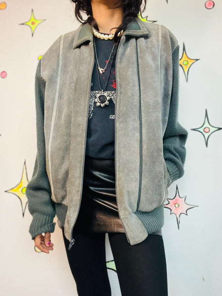 Vintage 90s Gray Suede Leather Bomber Sweater Moto Jacket - Retro Grunge - L