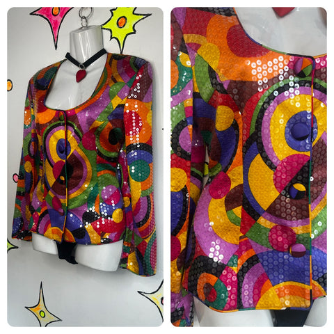 Vintage 80s 90s A.J. Bari Wearable Art Rainbow Color Block Print Blazer | Small