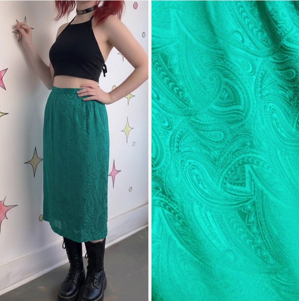 Mermaid Green 80s Silk Vintage Paisley Midi Pencil Skirt - M