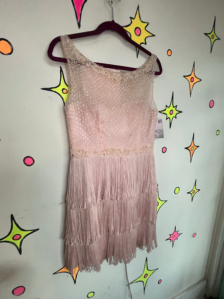 Pink Silk Beaded Fringe Gatsby 1920s Revival Flapper Art Deco Party Dress S