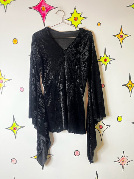 Black Velvet Hooded Goth Mini Dress | Bell Sleeves Witchy Dress | S/M