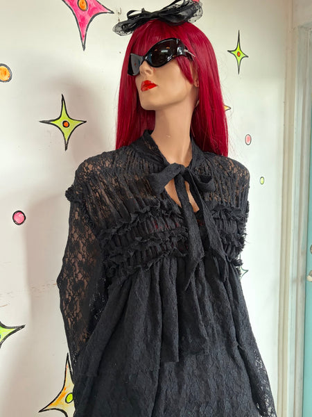Romantic Y2K Dark Gothic Tiered Lace Blouse Bow Neck Vampire Siren Top XL