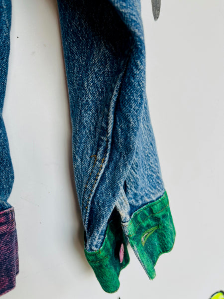 Vintage 80s 90s LEE Denim DIY Hand Painted Boho Grunge Jean Jacket S-M