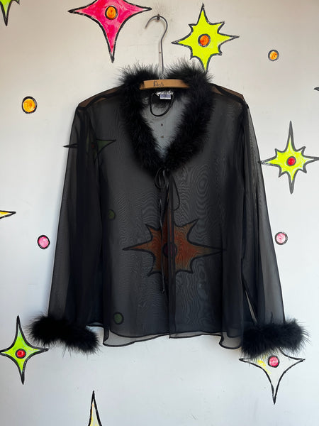 Vintage Black Sheer Feather Trim Goth Glam Vamp Lingerie Robe – Small