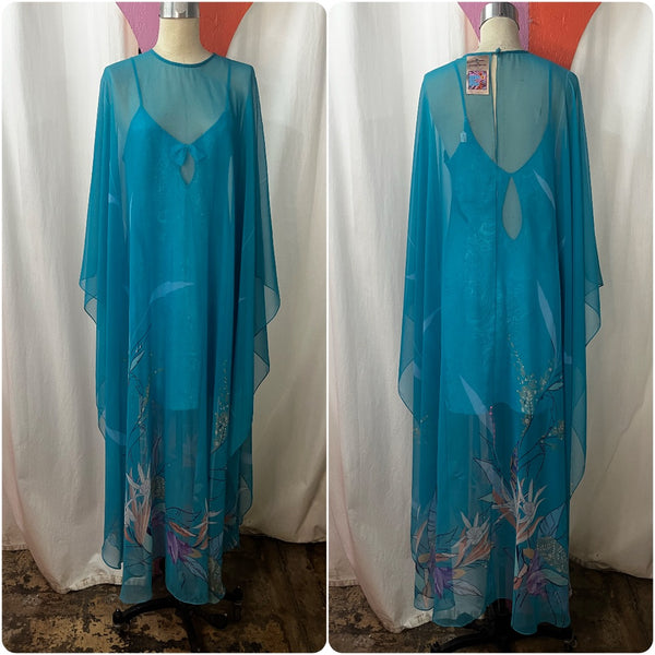 Vintage 70s | Draped Goddess Old Hollywood Boho Disco Party Cape Maxi Dress