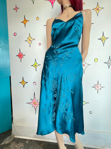 90s Peacock Blue Beaded Slip Dress Mermaidcore Silk-Feel Midi Y2K Grunge Fairy M