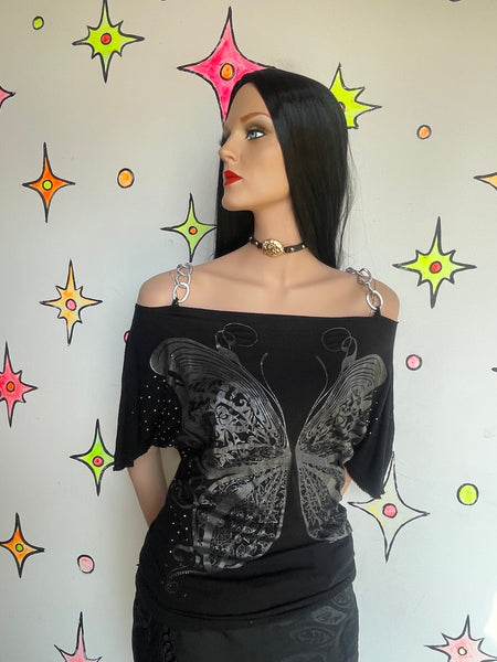 Y2K Black Chain Off Shoulder Butterfly Tattoo Top Cyber Grunge Whimsy Goth M
