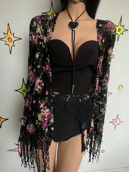 Y2K Black Lace Fringe Top | Whimsy Goth Boho Western Fairy Duster Blouse ML