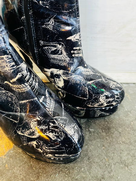 Too Fast X Ray Anatomy Skull Print Victorian Boot Rockabilly Pinup Goth - Size 8