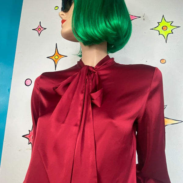 Red Secretary Bow Neck Blouse Dark Academia Button Down Top // XS