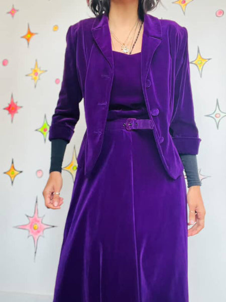 Vintage 1940s–50s Bright Purple Velveteen 3-Piece Suit | Fit & Flare | 28” Waist