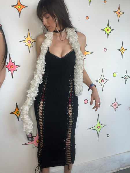 Y2K White Sequin Scrunch Scarf Cabbagecore Fairy Grunge Rococo Ruffle Boa Wrap