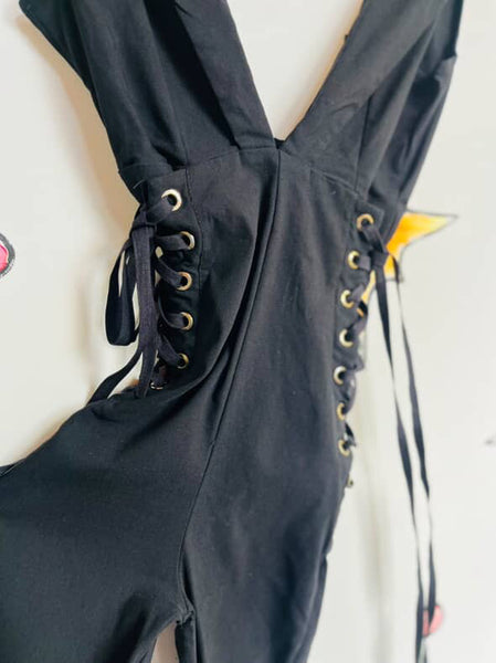 Y2K Black Lace-Up Stretch Catsuit - Fairy Goth Catwoman Layering Piece - S/M