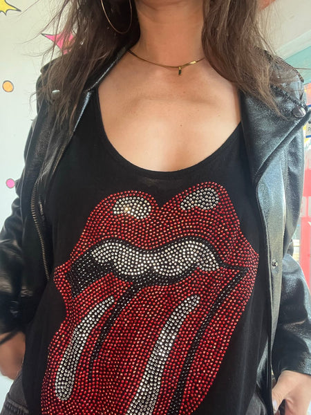 Vintage Rolling Stones Rhinestone Tank | Glam Rock Band Tee Bling Concert Top L