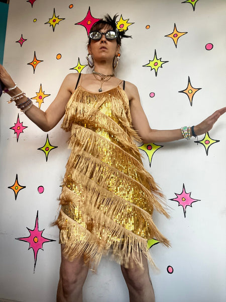 Vintage Gold Fringe Flapper Dress 20s Gatsby Party Mini 60s GoGo Disco Costume M