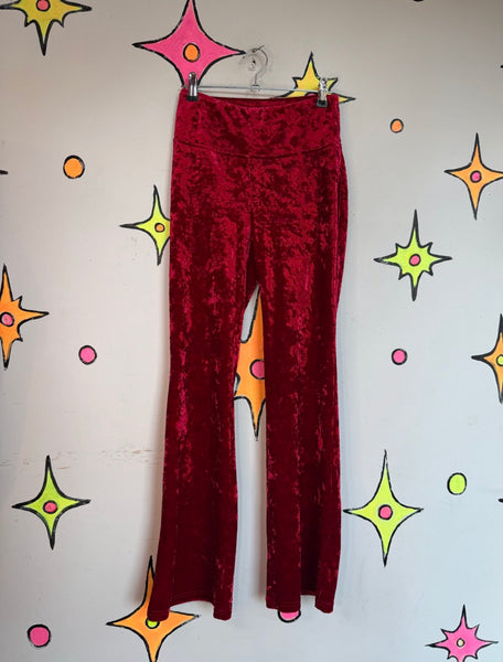 Y2K Red Velvet Flare Pants | Romantic Goth Vamp Grunge Stretch Leggings S