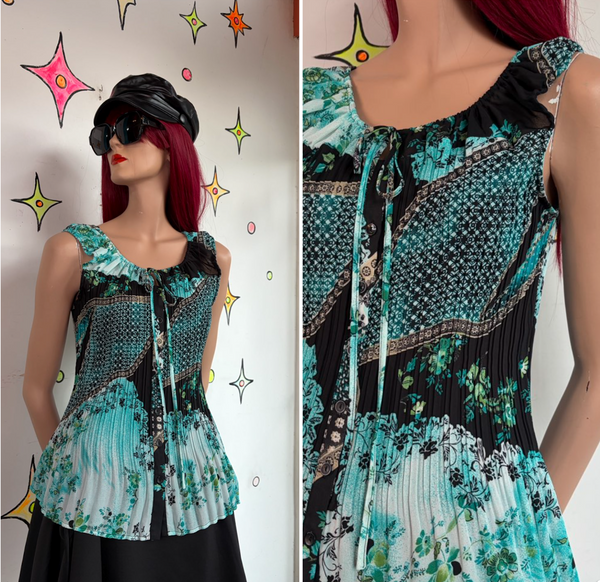 Pastel Turquoise Pleated Ruffled Floral Blouse Whimsy Fairy Soft Grunge Top L