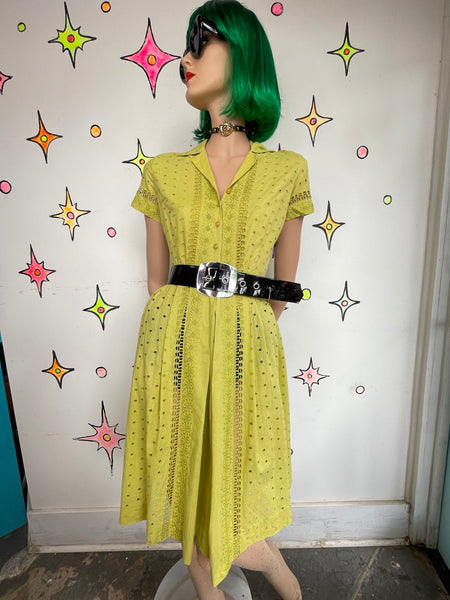 Vintage 50s Chartreuse Fit and Flare Dress | Pin Up Twirl Dress with Full Skirt M